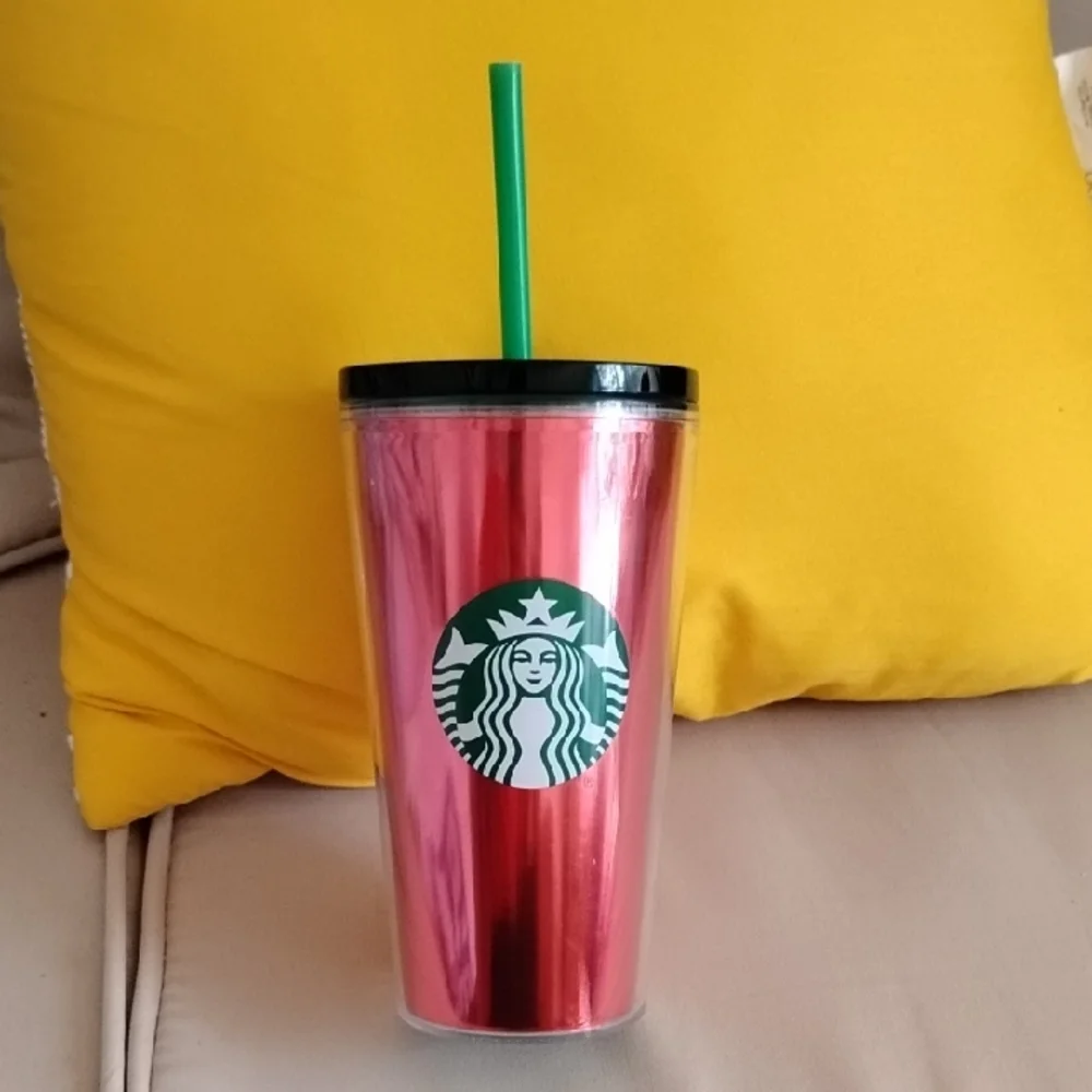 Starbucks Metallic Red Tumbler with Green Straw - Picture 1 of 4